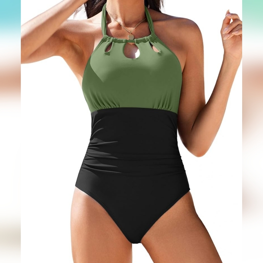 PLUS SIZE Olive and Black Halter One-Piece Swimsuit